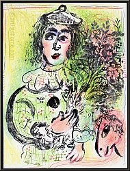 Marc Chagall: 'Blumengeschmckter Clown' 1963 Verliebter Zirkusclown mit Blumenstrau | Original-Lithographien