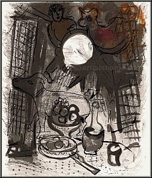 Marc Chagall: 'Stillleben in Braun' 1957, Original-Lithographie mit Frchten, Karaffe und Tieren - Bilder