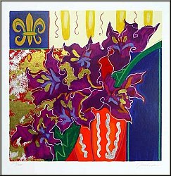 Liz Jardine: Lila Blumenstrau 'Firecracker' Serigraphie, handsigniert, violette Blten in Vase, Liliensymbol