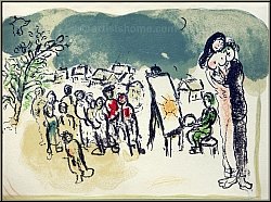 Marc Chagall: Original-Lithographie 'Hommage  Julien Cain' Liebespaar und Maler 1968 - Werke | Originaldrucke