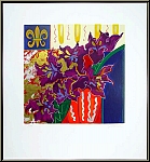 Liz Jardine: Lila Blumenstrau 'Firecracker' Serigraphie, handsigniert, violette Blten in Vase, Liliensymbol